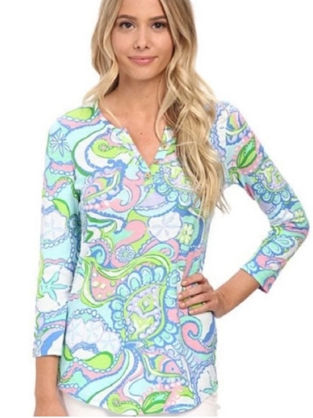 Lilly Pulitzer Pastel Paisley V-Neck Long Sleeve Top Blue, Pink & Green